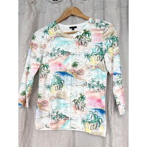 Talbots Petite Tropical Beach Scene Cardigan Sweater White Multi SP Cotton Rayon
